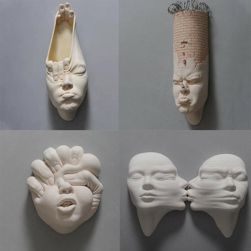 Artistic Resin Wall Sculpture | Unique Depictions of Human Facial Expressions | Wall-Mounted Flowerpot Craft | Innovative Home Decor
